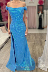 Blue Sequin Off-the-Shoulder Mermaid Long Evening Prom Dresses with Slit